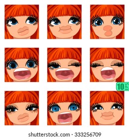 vector Set avatars icons smiley ClipArt Girl faces REDHEAD, bang, BLUE EYES Emotions Expressions Web Blog Graphics Profile Picture Red Day of the Dead roses Pack-6