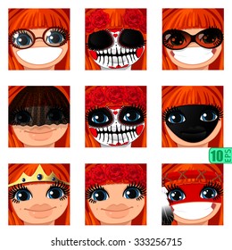 vector Set avatars icons smiley ClipArt Girl faces REDHEAD, bang, BLUE EYES Emotions Expressions Web Blog Graphics Profile Picture Red Day of the Dead roses Pack-9