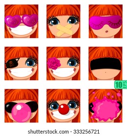 vector Set avatars icons smiley ClipArt Girl faces REDHEAD, bang, BLUE EYES Emotions Expressions Web Blog Graphics Profile Picture Red Day of the Dead roses Pack-8