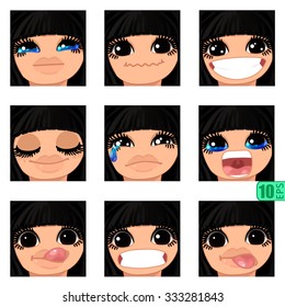 vector Set avatars icons smiley ClipArt Girl faces BLACK HAIR, bang, BROWN EYES Emotions Expressions Web Blog Graphics Profile Picture Pack-4