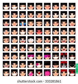 vector Set avatars icons smiley ClipArt Girl faces BLACK HAIR, bang, BROWN EYES Emotions Expressions Web Blog Graphics Profile Picture Pack-9x9