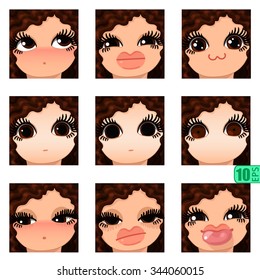 vector Set avatars icons smiley ClipArt Girl faces wavy curly BROWN HAIR, BROWN EYES Emotions Expressions Web Blog Graphics Profile Picture Red Pack 3