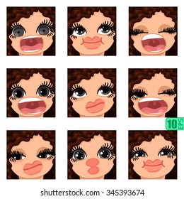 vector Set avatars icons smiley ClipArt Girl faces wavy curly BROWN HAIR, GRAY EYES Emotions Expressions Web Blog Graphics Profile Picture Red Pack 6