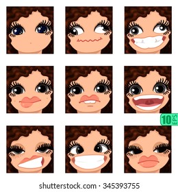 vector Set avatars icons smiley ClipArt Girl faces wavy curly BROWN HAIR, GRAY EYES Emotions Expressions Web Blog Graphics Profile Picture Red Pack 7