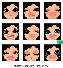 vector Set avatars icons smiley ClipArt Girl faces wavy curly BLACK HAIR, BLACK EYES Emotions Expressions Web Blog Graphics Profile Picture Red Pack