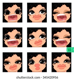 vector Set avatars icons smiley ClipArt Girl faces wavy curly BLACK HAIR, BLACK EYES Emotions Expressions Web Blog Graphics Profile Picture Red Pack