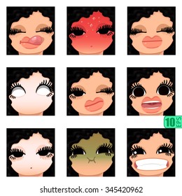vector Set avatars icons smiley ClipArt Girl faces wavy curly BLACK HAIR, BLACK EYES Emotions Expressions Web Blog Graphics Profile Picture Red Pack