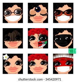 vector Set avatars icons smiley ClipArt Girl faces wavy curly BLACK HAIR, BLACK EYES Emotions Expressions Web Blog Graphics Profile Picture Red Pack