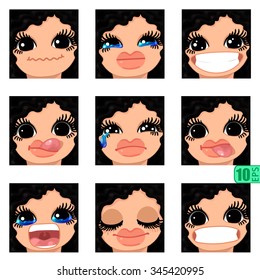 vector Set avatars icons smiley ClipArt Girl faces wavy curly BLACK HAIR, BLACK EYES Emotions Expressions Web Blog Graphics Profile Picture Red Pack