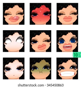 vector Set avatars icons smiley ClipArt Girl faces wavy curly BLACK HAIR, BLUE EYES Emotions Expressions Web Blog Graphics Profile Picture Red Pack 5