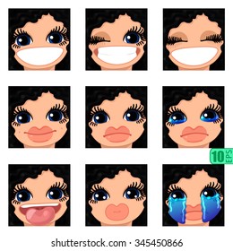 vector Set avatars icons smiley ClipArt Girl faces wavy curly BLACK HAIR, BLUE EYES Emotions Expressions Web Blog Graphics Profile Picture Red Pack 1