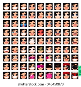 vector Set avatars icons smiley ClipArt Girl faces wavy curly BLACK HAIR, BLUE EYES Emotions Expressions Web Blog Graphics Profile Picture Red Pack 9x9