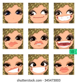vector Set avatars icons smiley ClipArt Girl faces wavy curly dirty BLONDE HAIR  fair hair, GRAY EYES Emotions Expressions Web Blog Graphics Profile Picture Red Pack 7