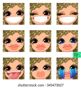 vector Set avatars icons smiley ClipArt Girl faces wavy curly dirty BLONDE HAIR  fair hair, GRAY EYES Emotions Expressions Web Blog Graphics Profile Picture Red Pack 1