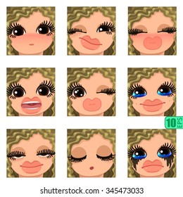 vector Set avatars icons smiley ClipArt Girl faces wavy curly dirty BLONDE HAIR  fair hair, GRAY EYES Emotions Expressions Web Blog Graphics Profile Picture Red Pack 2