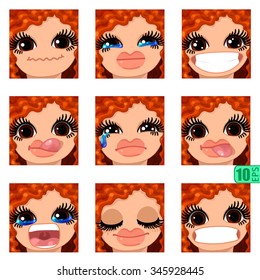 vector Set avatars icons smiley ClipArt Girl faces wavy curly dirty REDHEAD, BROWN EYES Emotions Expressions Web Blog Graphics Profile Picture Red Pack 4