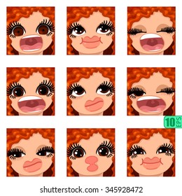 vector Set avatars icons smiley ClipArt Girl faces wavy curly dirty REDHEAD, BROWN EYES Emotions Expressions Web Blog Graphics Profile Picture Red Pack 6
