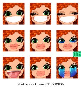 vector Set avatars icons smiley ClipArt Girl faces wavy curly dirty REDHEAD, GREEN EYES Emotions Expressions Web Blog Graphics Profile Picture Red Pack 