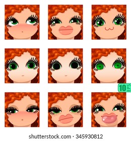 vector Set avatars icons smiley ClipArt Girl faces wavy curly dirty REDHEAD, GREEN EYES Emotions Expressions Web Blog Graphics Profile Picture Red Pack 