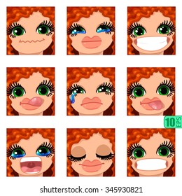 vector Set avatars icons smiley ClipArt Girl faces wavy curly dirty REDHEAD, GREEN EYES Emotions Expressions Web Blog Graphics Profile Picture Red Pack 
