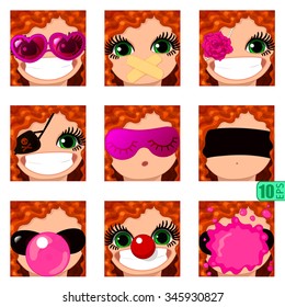 vector Set avatars icons smiley ClipArt Girl faces wavy curly dirty REDHEAD, GREEN EYES Emotions Expressions Web Blog Graphics Profile Picture Red Pack 
