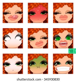 vector Set avatars icons smiley ClipArt Girl faces wavy curly dirty REDHEAD, GREEN EYES Emotions Expressions Web Blog Graphics Profile Picture Red Pack 