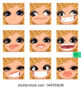 vector Set avatars icons smiley ClipArt Girl faces wavy curly dirty BLONDE HAIR, GRAY EYES Emotions Expressions Web Blog Graphics Profile Picture Red Pack 7