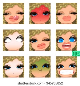 vector Set avatars icons smiley ClipArt Girl faces wavy curly dirty BLONDE HAIR fair hair, BLUE EYES Emotions Expressions Web Blog Graphics Profile Picture Red Pack 5