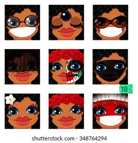vector Set avatars icons smiley ClipArt swarthy Girl faces wavy curly dirty BRUNETTE, BLUE EYES Emotions Expressions Web Blog Graphics Profile Picture Pack 9