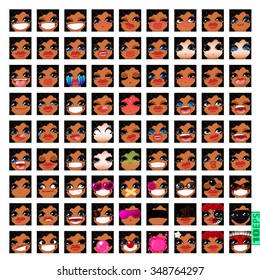 vector Set avatars icons smiley ClipArt swarthy Girl faces wavy curly dirty BRUNETTE, BLUE EYES Emotions Expressions Web Blog Graphics Profile Picture Pack 9x9