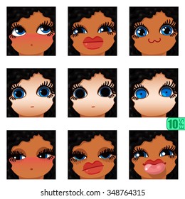 vector Set avatars icons smiley ClipArt swarthy Girl faces wavy curly dirty BRUNETTE, BLUE EYES Emotions Expressions Web Blog Graphics Profile Picture Pack 3