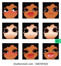 vector Set avatars icons smiley ClipArt swarthy Girl faces wavy curly dirty BRUNETTE black hair, BROWN EYES Emotions Expressions Web Blog Graphics Profile Picture Pack 3