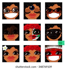 vector Set avatars icons smiley ClipArt swarthy Girl faces wavy curly dirty BRUNETTE black hair, BROWN EYES Emotions Expressions Web Blog Graphics Profile Picture Pack 9