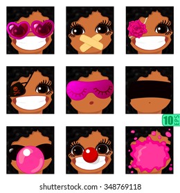 vector Set avatars icons smiley ClipArt swarthy Girl faces wavy curly dirty BRUNETTE black hair, BROWN EYES Emotions Expressions Web Blog Graphics Profile Picture Pack 8