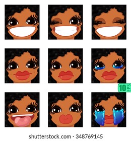 vector Set avatars icons smiley ClipArt swarthy Girl faces wavy curly dirty BRUNETTE black hair, BROWN EYES Emotions Expressions Web Blog Graphics Profile Picture Pack 1