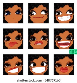 vector Set avatars icons smiley ClipArt swarthy Girl faces wavy curly dirty BRUNETTE black hair, BROWN EYES Emotions Expressions Web Blog Graphics Profile Picture Pack 7