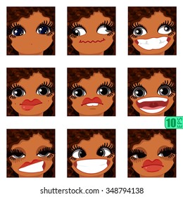 vector Set avatars icons smiley ClipArt swarthy Girl faces wavy curly dirty BRUNETTE Brown hair, GREY EYES Emotions Expressions Web Blog Graphics Profile Picture Pack 