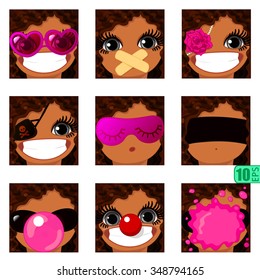 vector Set avatars icons smiley ClipArt swarthy Girl faces wavy curly dirty BRUNETTE Brown hair, GREY EYES Emotions Expressions Web Blog Graphics Profile Picture Pack 