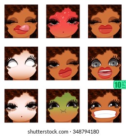 vector Set avatars icons smiley ClipArt swarthy Girl faces wavy curly dirty BRUNETTE Brown hair, GREY EYES Emotions Expressions Web Blog Graphics Profile Picture Pack 