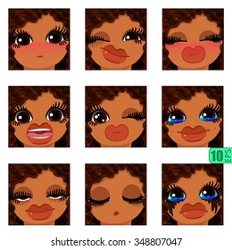 vector Set avatars icons smiley ClipArt swarthy Girl faces wavy curly dirty BRUNETTE Brown hair, BROWN EYES Emotions Expressions Web Blog Graphics Profile Picture Pack 2