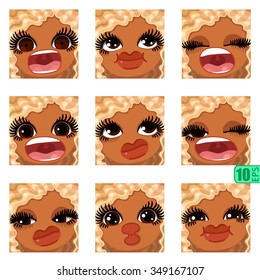 vector Set avatars icons smiley ClipArt swarthy Girl faces wavy curly dirty BLONDE White hair, BROWN EYES Emotions Expressions Web Blog Graphics Profile Picture Pack 6