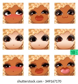 vector Set avatars icons smiley ClipArt swarthy Girl faces wavy curly dirty BLONDE White hair, BROWN EYES Emotions Expressions Web Blog Graphics Profile Picture Pack 3