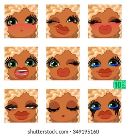 vector Set avatars icons smiley ClipArt swarthy Girl faces wavy curly dirty BLONDE White hair, GREEN EYES Emotions Expressions Web Blog Graphics Profile Picture Pack 2