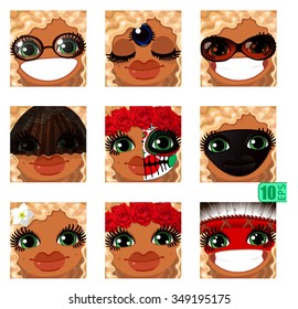 vector Set avatars icons smiley ClipArt swarthy Girl faces wavy curly dirty BLONDE White hair, GREEN EYES Emotions Expressions Web Blog Graphics Profile Picture Pack 9