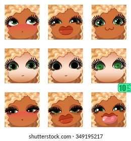 vector Set avatars icons smiley ClipArt swarthy Girl faces wavy curly dirty BLONDE White hair, GREEN EYES Emotions Expressions Web Blog Graphics Profile Picture Pack 3