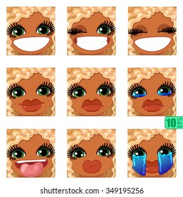 vector Set avatars icons smiley ClipArt swarthy Girl faces wavy curly dirty BLONDE White hair, GREEN EYES Emotions Expressions Web Blog Graphics Profile Picture Pack 1