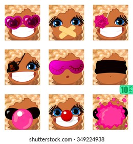vector Set avatars icons smiley ClipArt swarthy Girl faces wavy curly dirty BLONDE White hair, BLUE EYES Emotions Expressions Web Blog Graphics Profile Picture Pack 8