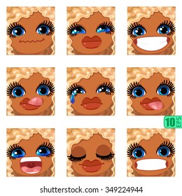 vector Set avatars icons smiley ClipArt swarthy Girl faces wavy curly dirty BLONDE White hair, BLUE EYES Emotions Expressions Web Blog Graphics Profile Picture Pack 4