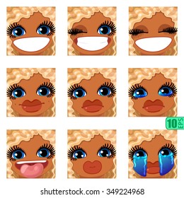 vector Set avatars icons smiley ClipArt swarthy Girl faces wavy curly dirty BLONDE White hair, BLUE EYES Emotions Expressions Web Blog Graphics Profile Picture Pack 1