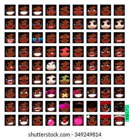 vector Set avatars icons smiley ClipArt DARK SKIN Girl faces wavy curly dirty BLACK HAIR, bang, BROWN EYES Emotions Expressions Web Blog Graphics Profile Picture Pack